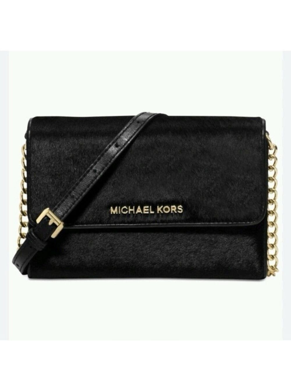 Michael Kors Crossbody Bag Black Calf Hair Jet Set Small Elegant Evening Purse